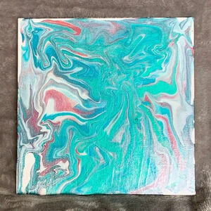Metallic Wine, Teal, Blue, Silver and White Paint Pour - 8”x8” canvas board